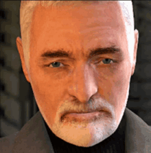 a close up of a man 's face with a beard and blue eyes