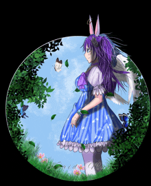 a girl with purple hair and bunny ears is surrounded by butterflies and flowers