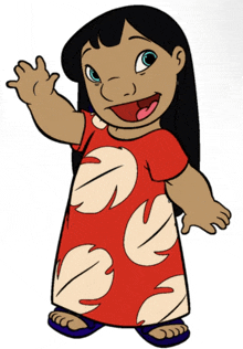 a cartoon drawing of a girl in a red dress with leaves on it