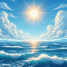 the sun shines brightly over the ocean with clouds in the sky