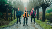 three men standing on a dirt road wearing cone hats