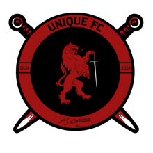 a logo for unique fc shows a lion holding a cross