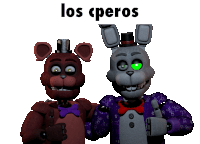 a brown teddy bear and a gray bunny with green eyes are standing next to each other with the words los cperos below them