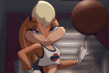 a cartoon character is holding a basketball with her finger