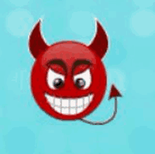 a red devil smiley face with horns and a tail is smiling on a blue background .