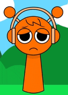 an orange cartoon character wearing headphones and a sad face .