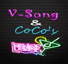 neon sign for v-song & coco 's lounge