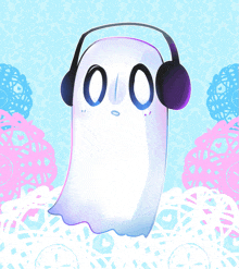 a drawing of a ghost wearing headphones with the number 00 on its face