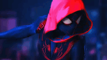 a close up of a person wearing a spiderman suit with a red hood .