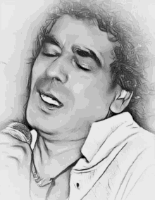 a black and white drawing of a man with his eyes closed and his mouth open