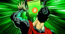 a man in a superman costume is holding a green box with the letter b on it