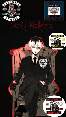 a man in a suit is sitting in a chair with a sticker that says ' sickly hellgone '