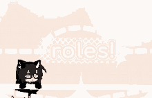 a girl with horns and glasses is behind a sign that says " roles "