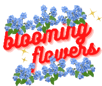 a red sign that says blooming flowers with blue flowers in the background