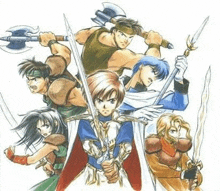 a group of cartoon characters holding swords and axes .