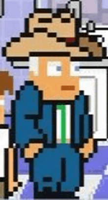 a pixel art of a man wearing a straw hat and a suit .