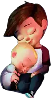 a cartoon boy is holding a baby in his lap