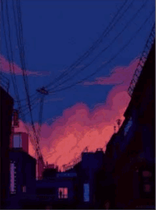 a painting of a city street at sunset with telephone wires hanging from the roofs of buildings .