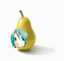 a yellow pear with a girl 's head on it