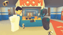 a man in a white shirt is standing in front of a room in a game .