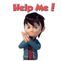 a cartoon character asking for help with the words help me