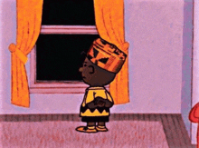 a cartoon character is standing in front of a window wearing a hat