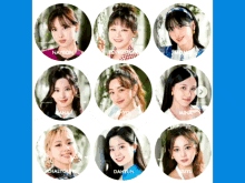 a group of twice members are displayed in circles on a blue background