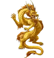 a golden dragon with sharp claws and sharp teeth on a white background