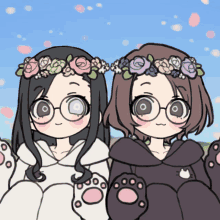 a drawing of two girls with flower crowns on their head