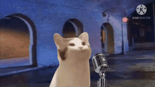 a cat is singing into a microphone in front of a brick building ..