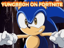 a cartoon of sonic the hedgehog with the words yungbroh on fortnite written above him .