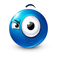 a blue smiley face with a big eye and a black eyebrow on a white background