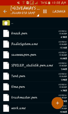 a phone screen shows a list of giveaways including knock.pwn radiosystem.amx and saveweapon.pwn