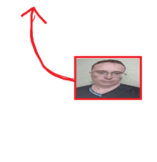 a drawing of a man with glasses and a red arrow pointing up