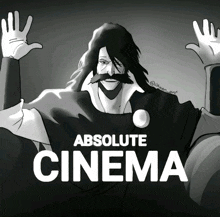 a black and white drawing of a man with the words " absolute cinema " below him