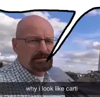 a bald man with glasses and a beard says why i look like karti