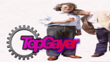 two men standing next to each other in front of a logo for top gear