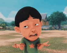 a cartoon boy with a green shirt with a star on it making a funny face .