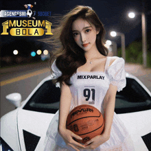 a woman in a white dress is holding a basketball with the number 91 on her shirt