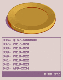 a gold coin with a diamond on it sits next to a list of numbers starting with 036 and ending with 043