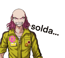 a bald man with pink hair says solda