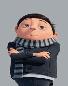 a cartoon character from despicable me is standing with his arms crossed .