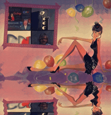 a painting of a woman surrounded by balloons and a sign that says ' endless ' on it