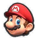 a close up of a cartoon character 's face with a red hat and a m on it .