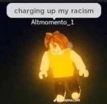 a roblox character is charging up his racism in a dark room .