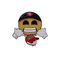 a smiley face is wearing a black hat and a red hat that says ' san francisco 49ers united ' on it