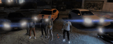 a group of people standing in front of cars with one wearing a shirt that says ' i love you '