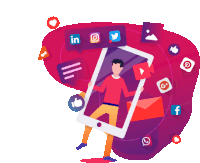 an illustration of a man standing in front of a phone with social media icons around him