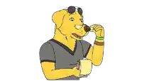 a cartoon dog wearing sunglasses and a gray shirt