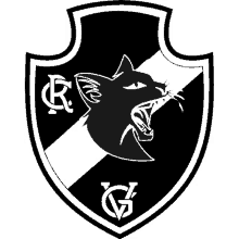 a black and white emblem with a cat and the letters r and g on it